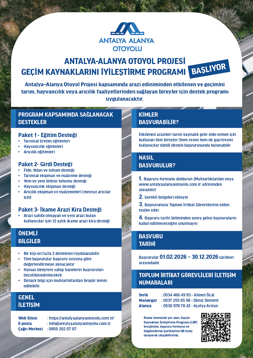 Antalya Alanya Otoyol Projesi Geçim Kaynaklarını İyileştirme Programı Başlıyor